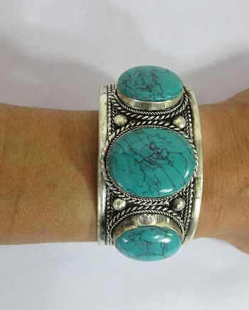 Hand Carved Three Stone Metal Bracelet